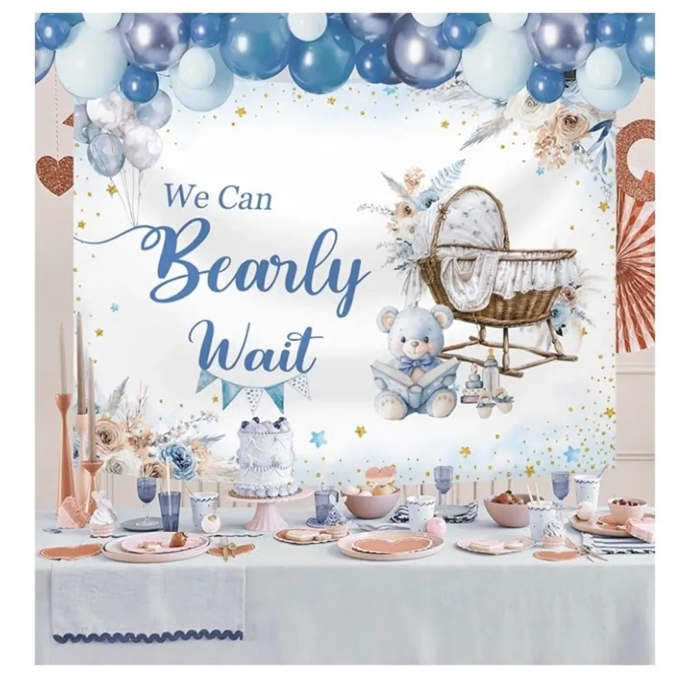 7x5ft Blue Bear Baby Shower Backdrop, We Can Bearly Wait Baby.NEW SEALED PACKAGE